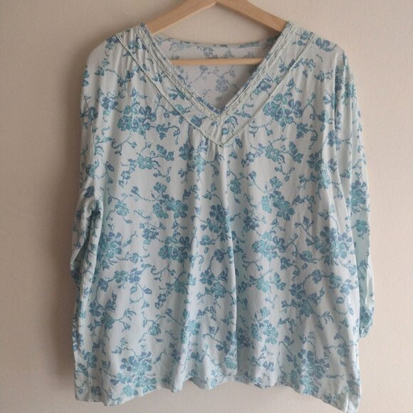 Garnet Hill Tops - Garnet Hill Green Floral Organic Cotton T Shirt XL Lightweight Loungewear Top